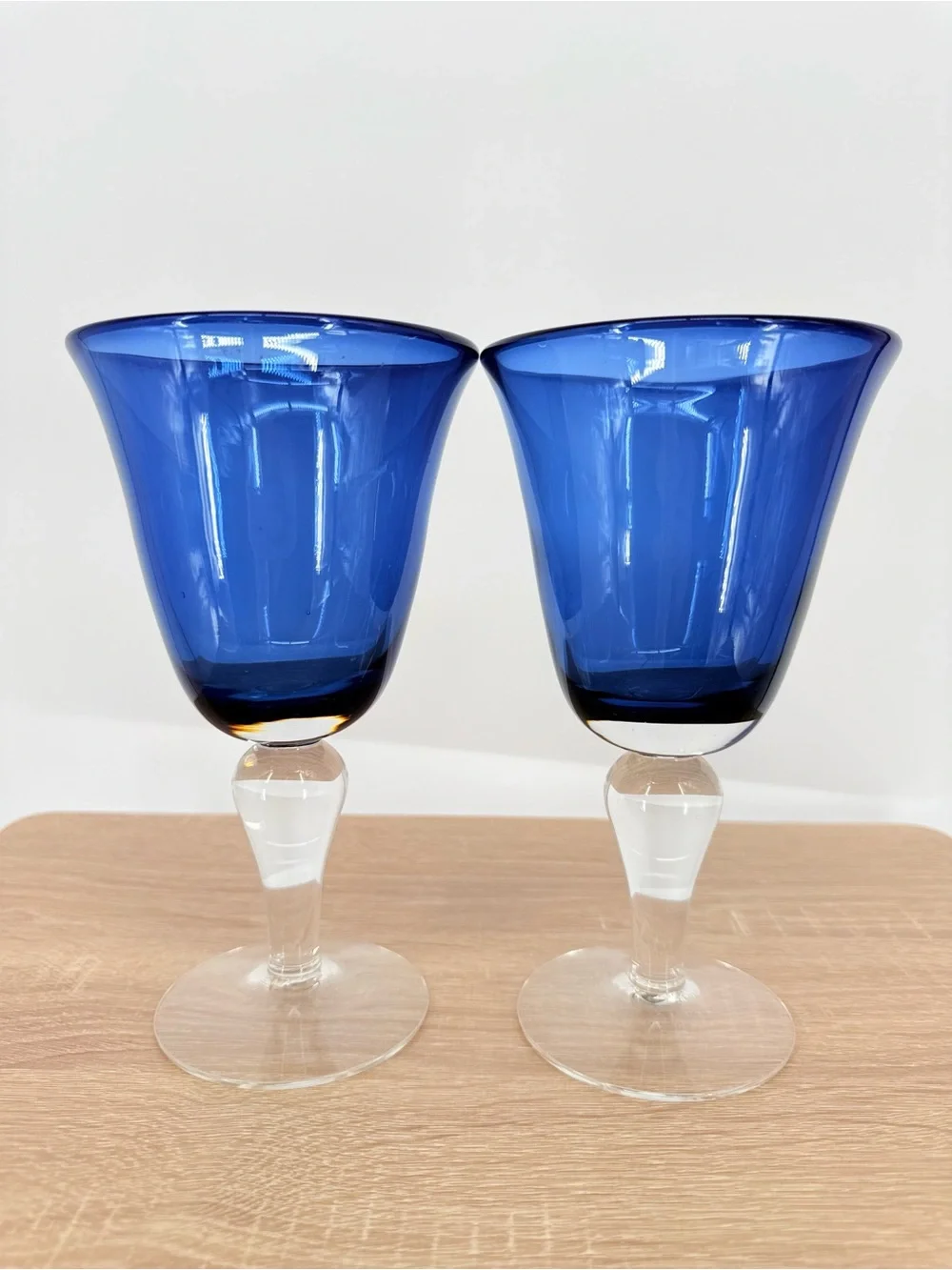 Cobalt Blue Water Wine Goblets Set of 2 Hand Blown Glass Drinkware Coastal